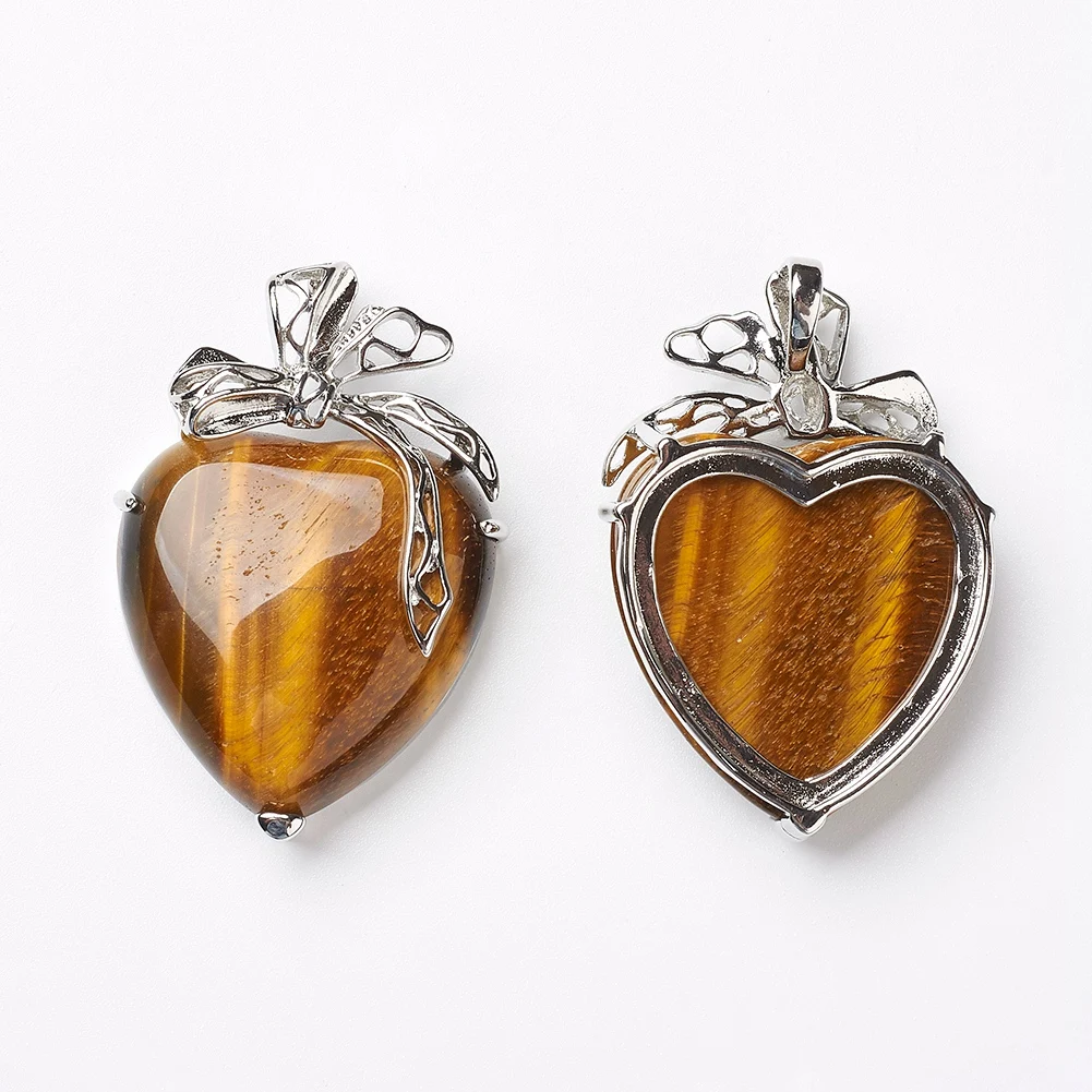5pcs Assorted Heart Synthetic & Natural Agates Tiger Eye Rose Quartzs Stone Charms Pendants for DIY Jewelry Making 46x32x10mm