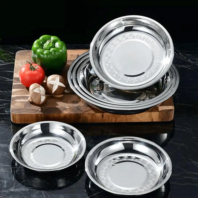 8Pcs Stainless Steel Dining Dish Round Plates Barbecue Trays Food Serving