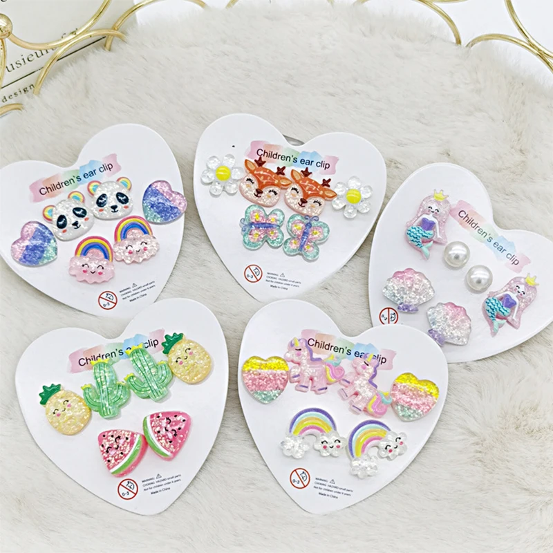 Strong Magnetic Kids Children Earrings 3PRS Mixed Clip on Earrings Kids Cute Unicorn Magnet Non Piercing Jewelry