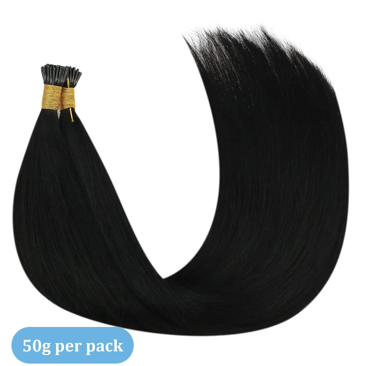 Extensioni per capelli I-Tip in cheratina a fusione a caldo, pre-legate, in vero capello umano Remy, colore nero, 50 ciocche a stick - immagine 3