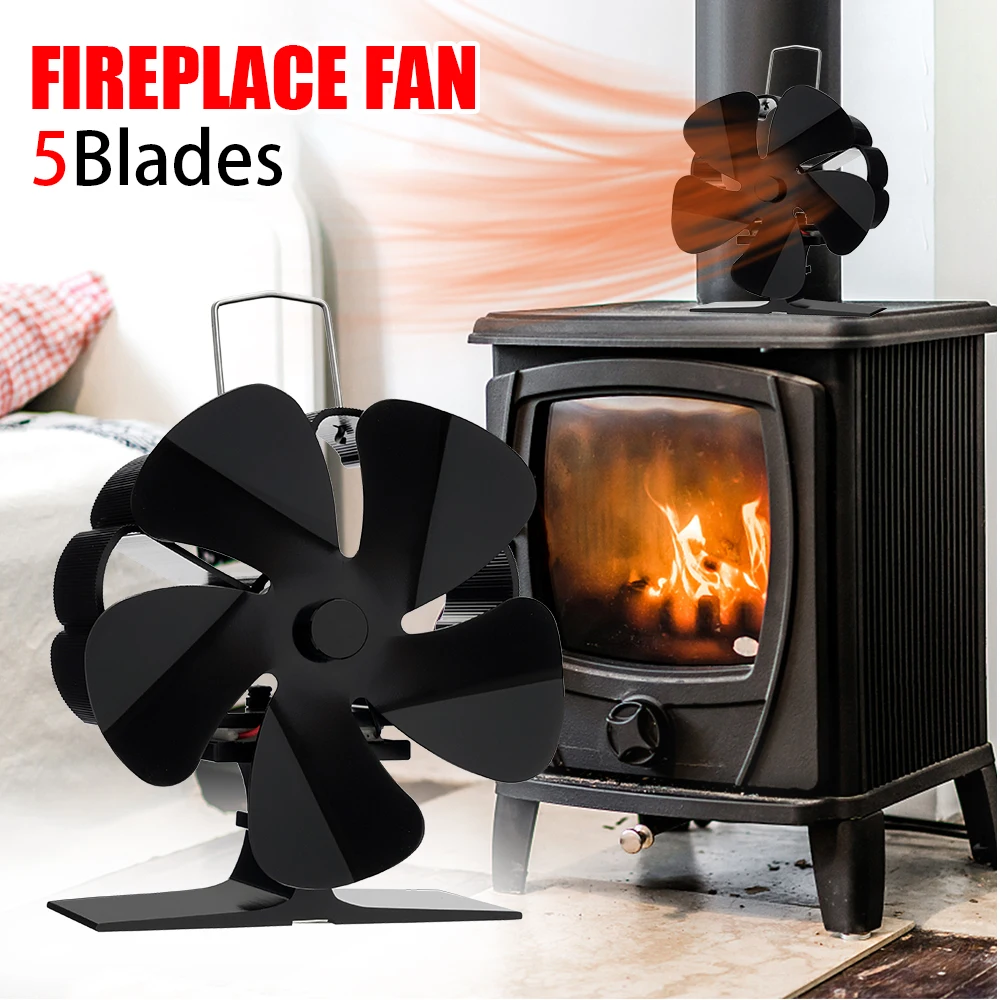 

Mini 5 Blade Heat Powered Stove Fan Black Fireplace Eco Quiet Safe Log Wood Burning Quiet Fan Home Efficient Heat Distribution