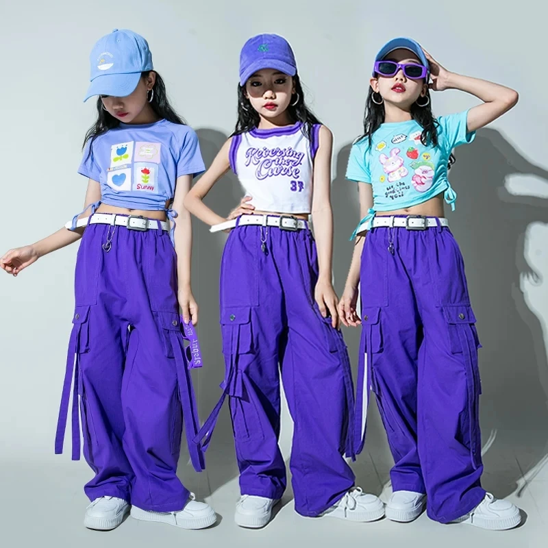 

Girls Street Dance Jazz Clothing Crop Tank Tops T Shirt Purple Hip Hop Joggers Pants for Kids Show Dance Costume Teens Clothes