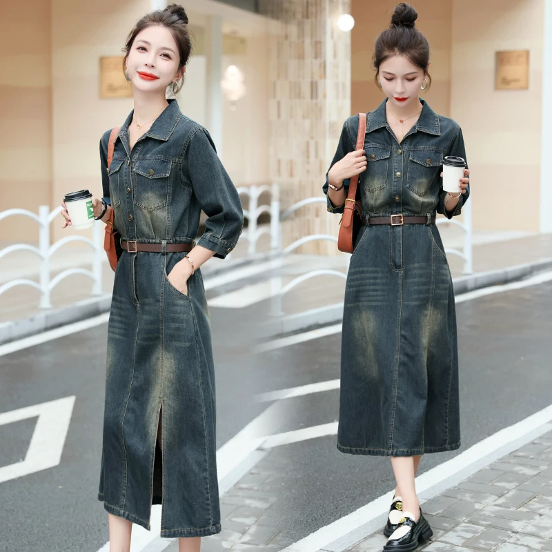 

Vintage Denim Women's Dresses 2023 New Solid Short Sleeve Clothing Fashion Summer Slim Sexy Empire Split Women Dress