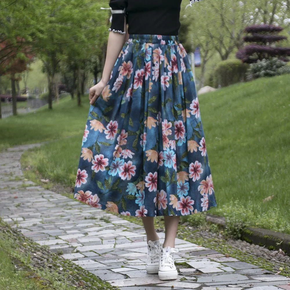 

Girls Summer Traditional Ethnic Floral Printed Cotton Linen Half Skirt Ladies Stretch Waisted Pleated Skirt with Lining Pockets