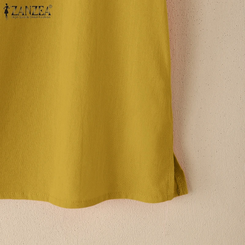 ZANZEA Sommerliche, lässige Baumwollblusen für Damen, O-Ausschnitt, kurze Ärmel, seitlicher Schlitz, dünne Oberteile, Tageskleidung, einfarbig, Blusas de Mujer – Detail 14