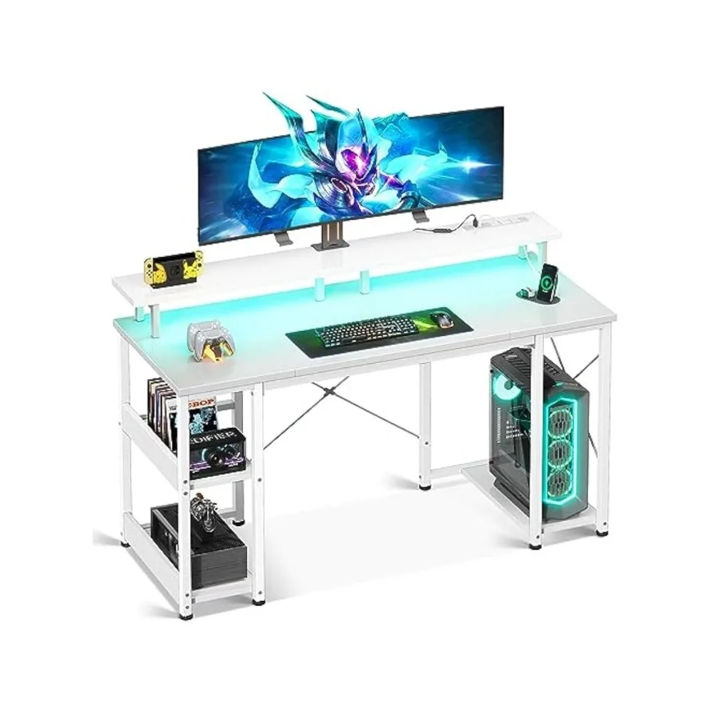 ODK 48 inch Gaming Desk with LED Lights & Power Outlets, Computer Desk with Monitor Stand & Storage Sheves, CPU Stand, masterfire 10set lot 12v 12000mah polymer lithium battery monitor motor led lights outdoor spare dc 1212a batteries cell pack