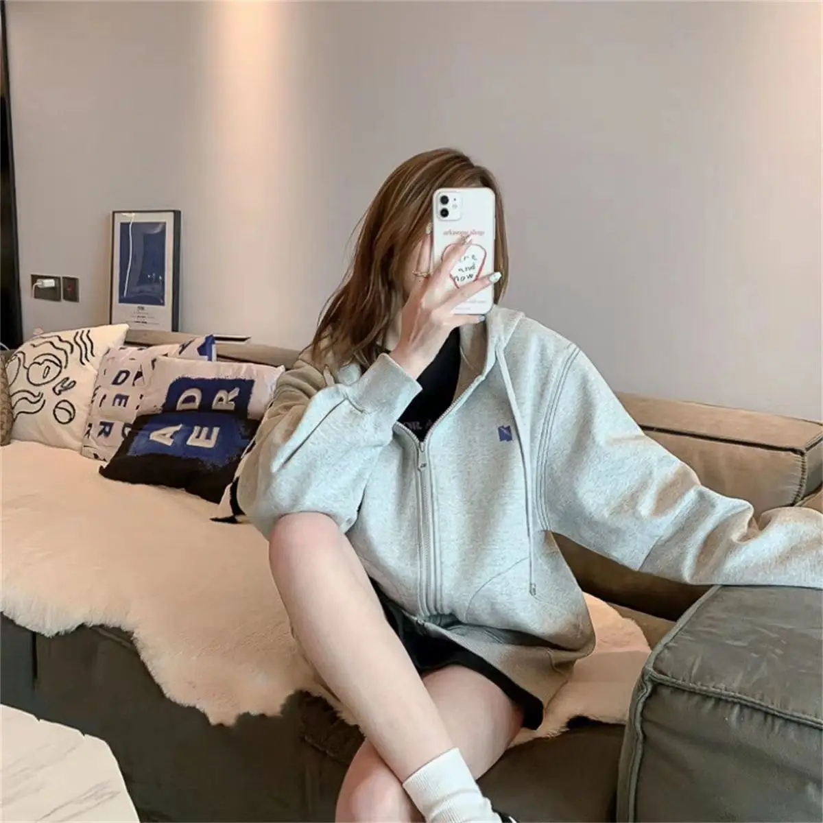 커플 지퍼 가디건 재킷, 모자 연결 스웨터, 루즈핏 럭셔리 디자인, 트렌디 브랜드, 틈새 감각, 가을 겨울 신상