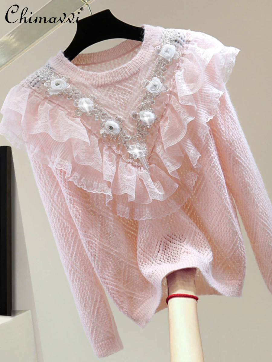 

Sweet Flowers Diamond Bead Long Sleeve Sweater Autumn Korean Fashion Ruffled Tassel Sequins Hollow-out Pullover Knitted Top Lady
