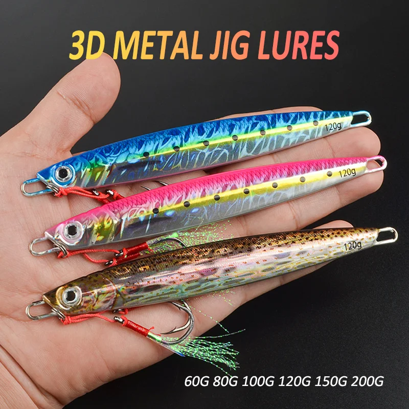 

3D Metal Jig Fishing Lure 60g 80g 100g 120g 150g 200g Sea Biomimetic Fish Iron Plate Bait Wobbler Artificial Ocean Boat Fishing