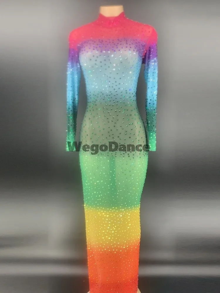 

New Colorful See Through Mesh Dress Women Birthday Party Celebrate Stretch Dress Bar Nightclub Women Dance Costume