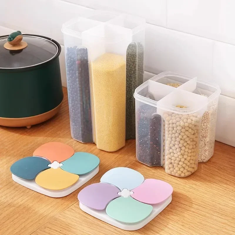 4 Grids Cereals Sealed Jar Kitchen Cereals Storage Box Plastic Food Container Moisture-proof Grain Tank Spaghetti Keep Fresh Box