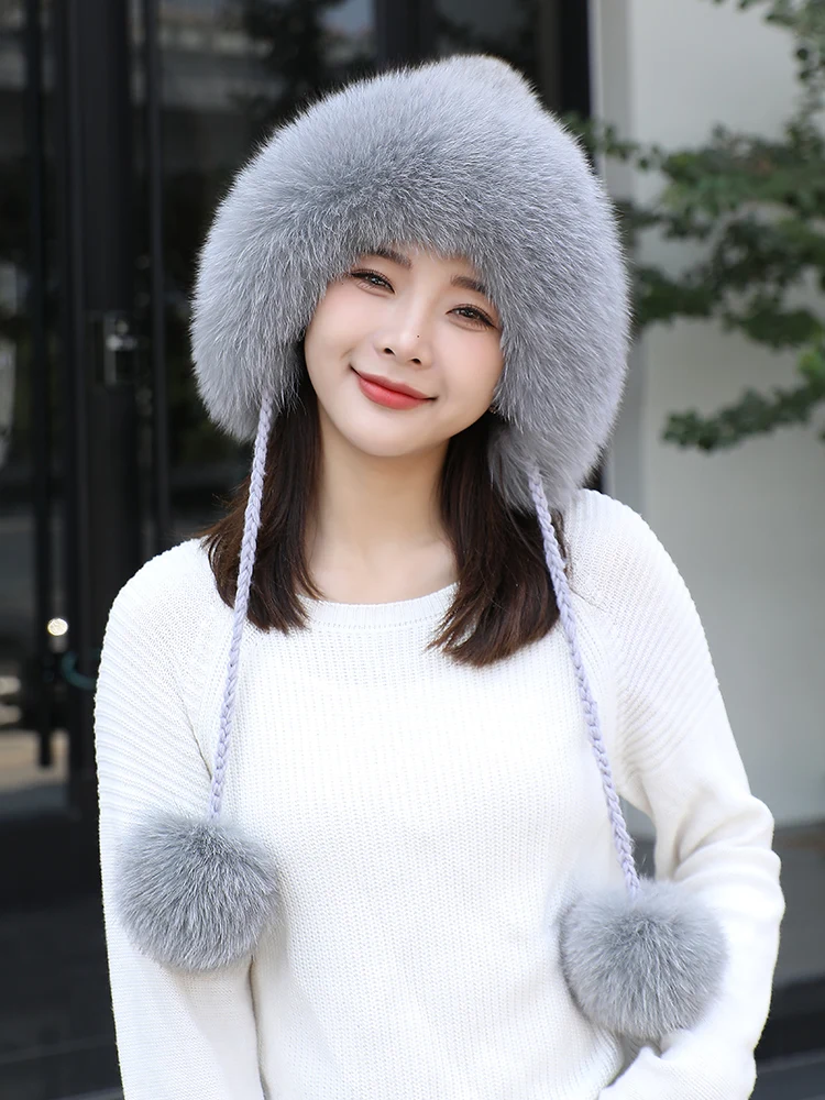 Real Mink Fur Hat with Fox Fur Ball Earmuffs Protective Cap Winter Hat for Women Russian Autumn Hat Fox Fur Beanies Fall Bonnet 4
