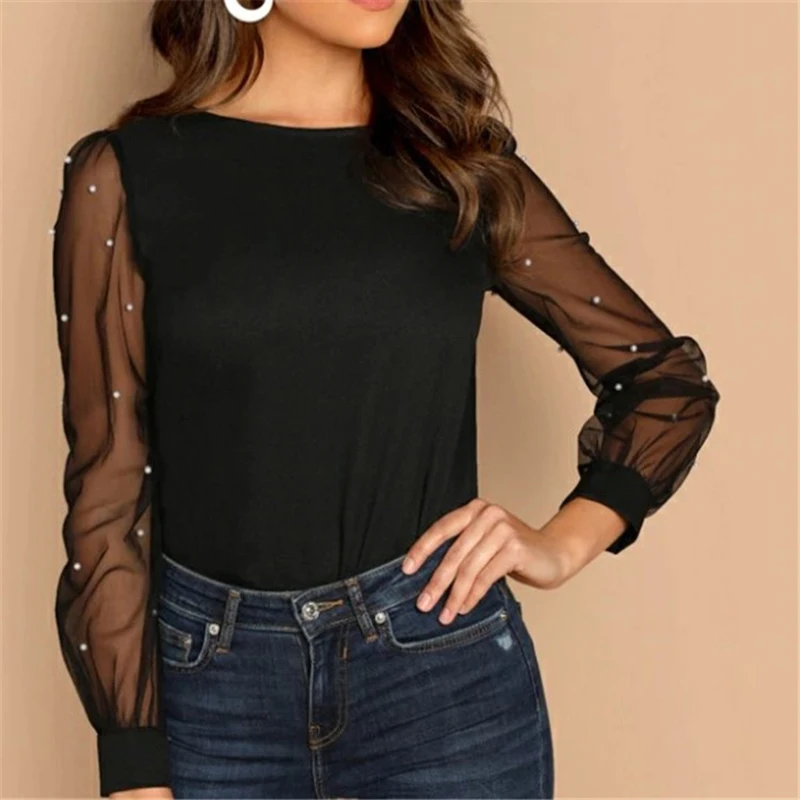 2021 Fall Long Sheer Sleeve Mesh Sheer Pearl Patchwork Blouses Women Top Elegant Shirt Vintage Ladies Sexy Black Pink Shirts new 2021 sexy sheer mesh two piece pants set for ladies club outfits leggings bodysuits womens matching sets jumpsuit