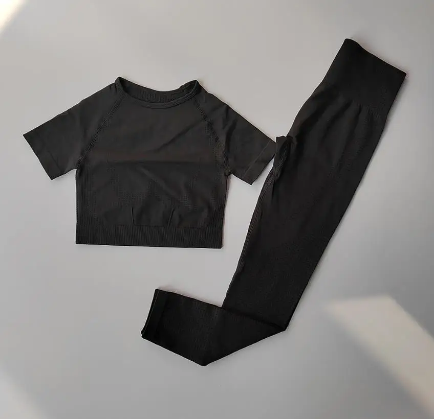 Yoga Set 2PCS Seamless Women Workout Sportswear Gym Clothing Fitness Short Sleeve Crop Top High Waist Leggings Sports Suits