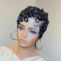 Perruque Lace Front Wig naturelle ondulée bouclée, cheveux courts, coupe Pixie avec frange, noir naturel foncé, couleur 99J, 13x4, pour femmes 1