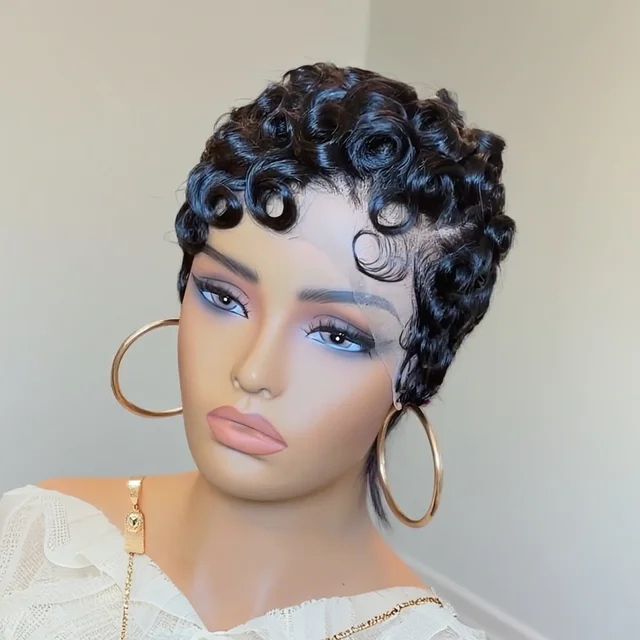 Perruque Lace Front Wig naturelle ondulée bouclée, cheveux courts, coupe Pixie avec frange, noir naturel foncé, couleur 99J, 13x4, pour femmes 1