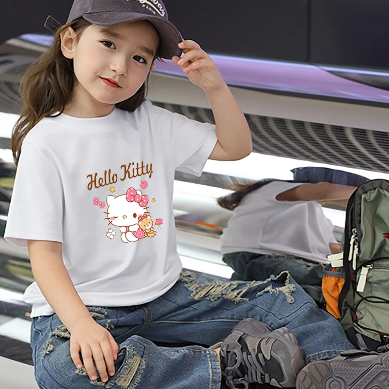 

Sanrios Hello Kitty Girls Short-Sleeved T-Shirt Cute Cartoon Kt Cat Summer Casual Simple Cotton Sports Breathable Sweat Tops