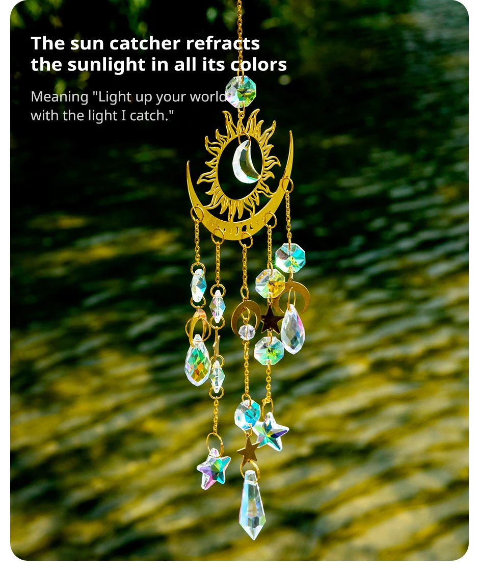 Description Picture 4 of item1 Pc Gold Star Moon Outdoor Lighting Crystal Wind Chime Hanging Garden Sun Catcher Holiday Wedding Party Decoration Supplies