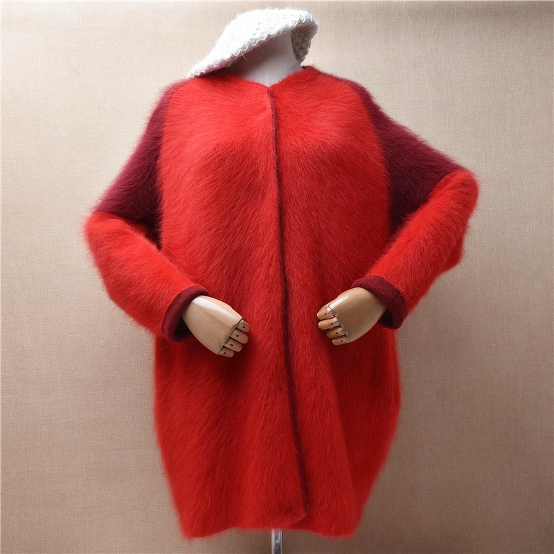 

Female Women Fall Winter Clothing Colored Red Hairy Mink Cashmere Knitted Long Sleeves Loose Cardigans Jacket Sweater Coat Pull