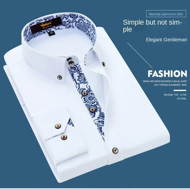 Description Picture 2 of itemClassic Cotton Casual Shirts Men Long Sleeve Shirt for Business Blue White Porcelain Collar Dress Shirt Fashion Korean Clothing