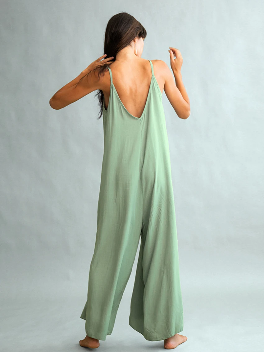 Marthaqiqi Loose Ladies Conjoined Style Sexy Spaghetti Strap Sleepwear Backless Nightgowns Casual Green Home Clothes For Women