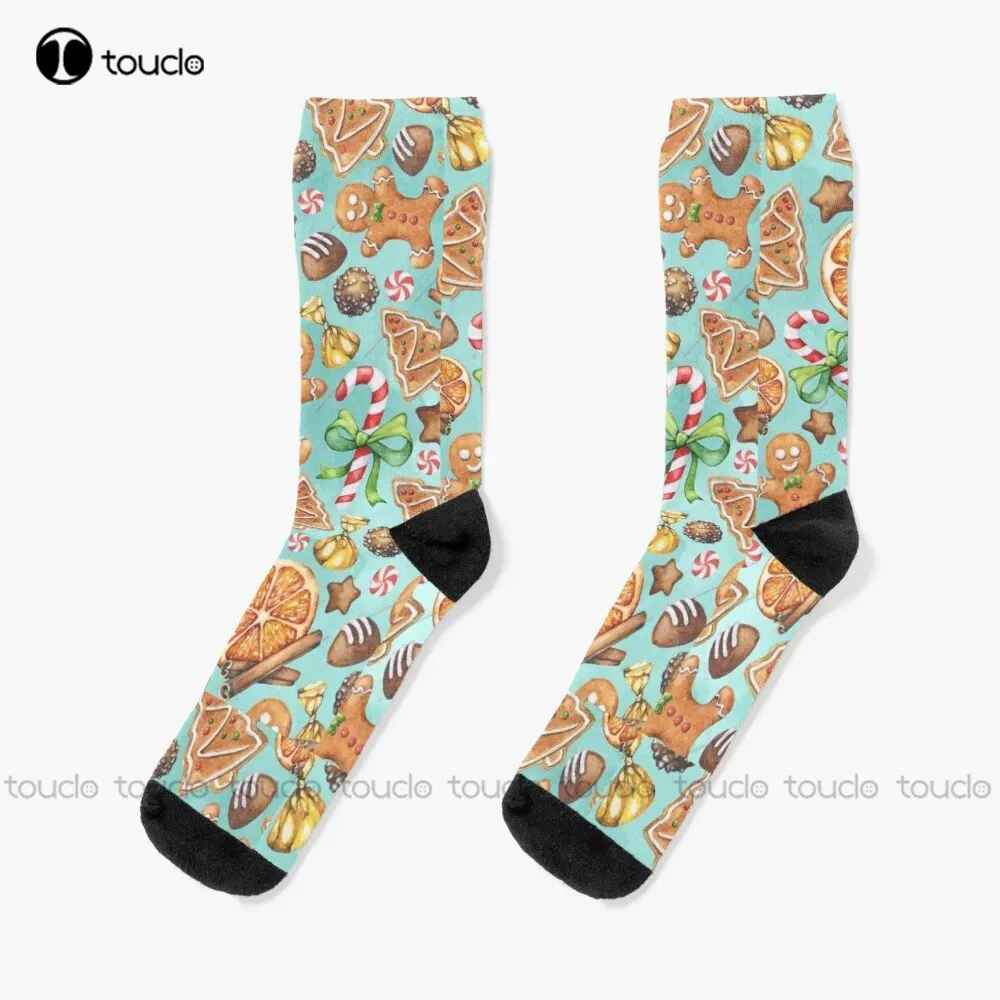 

Traditional Christmas Gingerbread Cookies And Candy Pattern Socks Cotton Socks For Men 360° Digital Print Custom Gift Cartoon