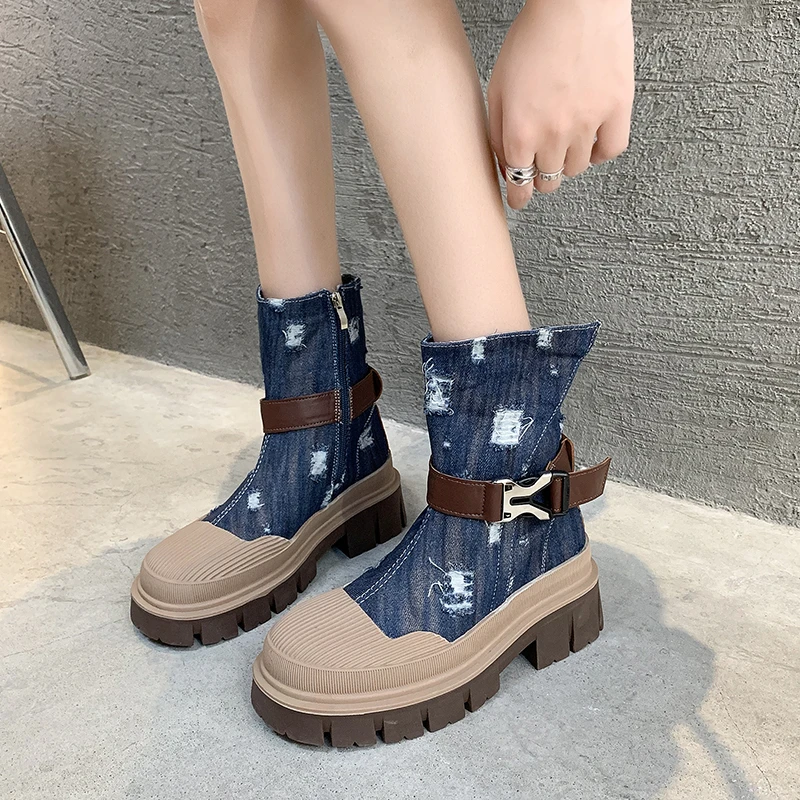 Blue Denim Women's Boots 2023 Korean Fashion Round Toe Ladies Short Barrel Boots Simple Versatile Casual Boots Zapatos De Mujer