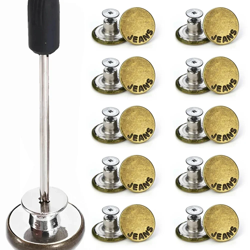 20/10Pcs Detachable Jeans Buttons Adjustable Waist Retro Metal Button No Sewing Pants Buckles Screw Nail Repair Kit Send Tools
