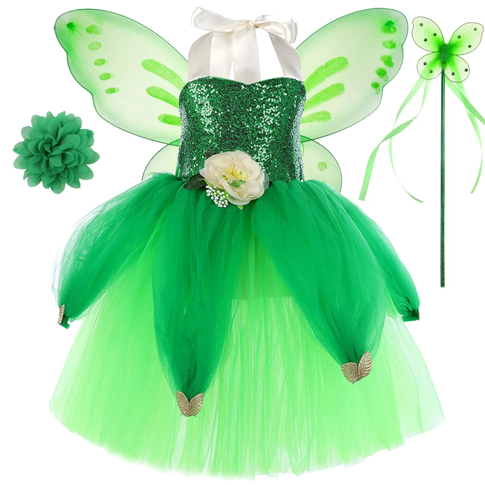 

Green Tinker Bell Princess Dresses for Girls Flowers Fairy Costumes Kids Christmas Halloween Tutus Outfit with Butterfly Wings