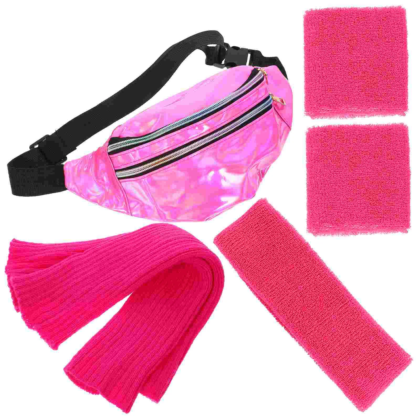 Retro 80S Women Costume Accessories Set Neon Fanny Pack Leg Warmers Headband Sweat Bands Sports Headwear Pu Arm Band