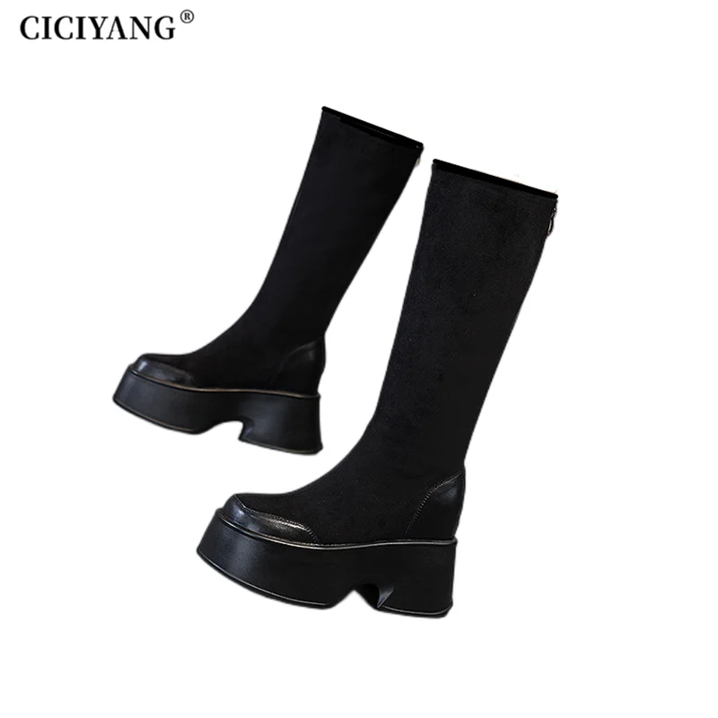 CICIYANG Fashion Knee Boots Women 2024 Autumn Winter New Chunky Heel Platform Inner Heightening Knight Boots Ladies High Boots
