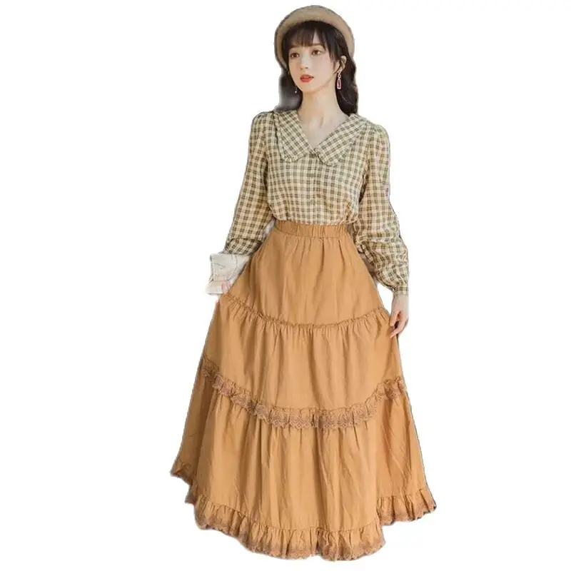 

2022 New Vintage Plaid Shirt Cotton High Waist Skirt Suit Free Shipping