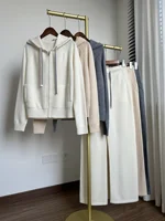 24 Autumn and Winter New Women's Cashmere Suit Hooded Zipper Top + High Waist Drawstring Leg Closing Pants Two Piece Set 1