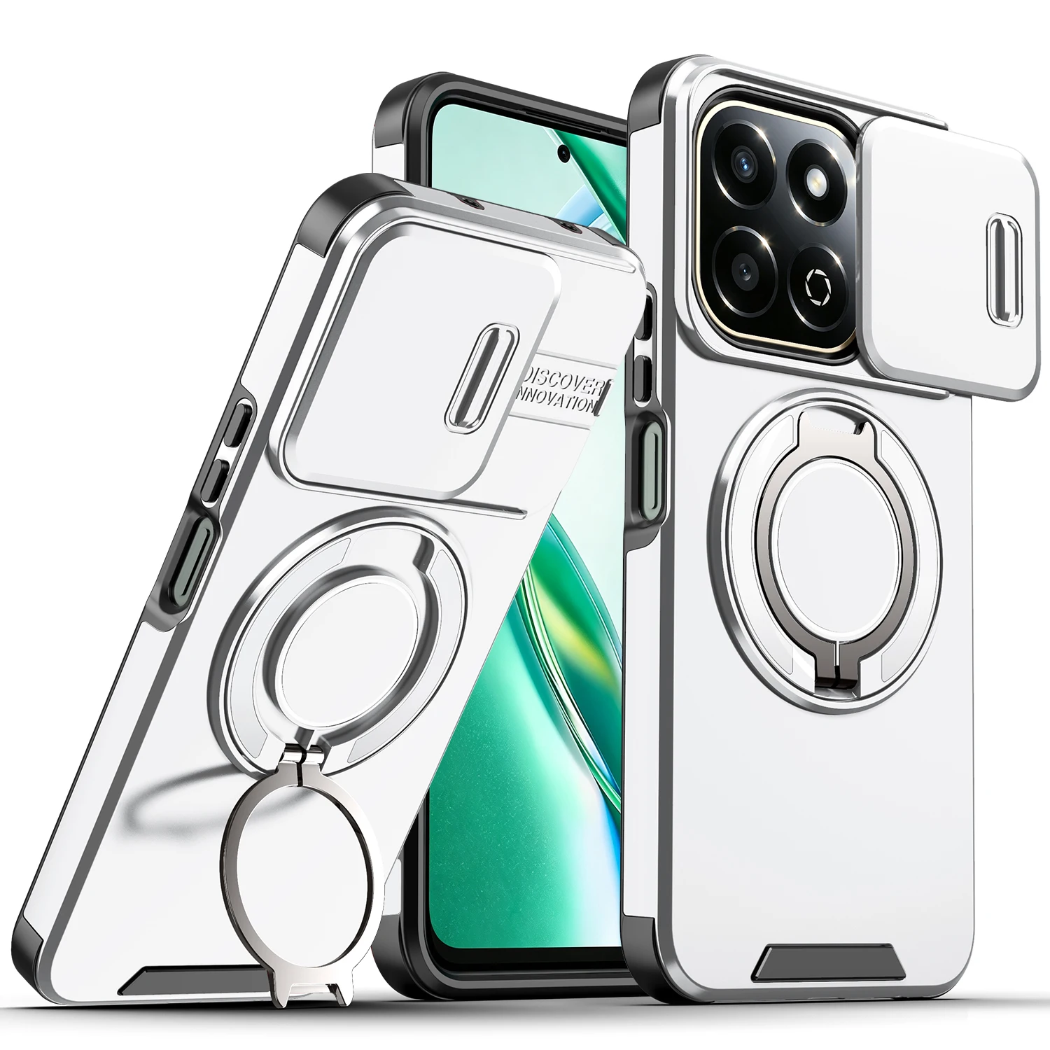 Magnetic Metal Ring Stand Armor Case with Slide Window Lens Protection