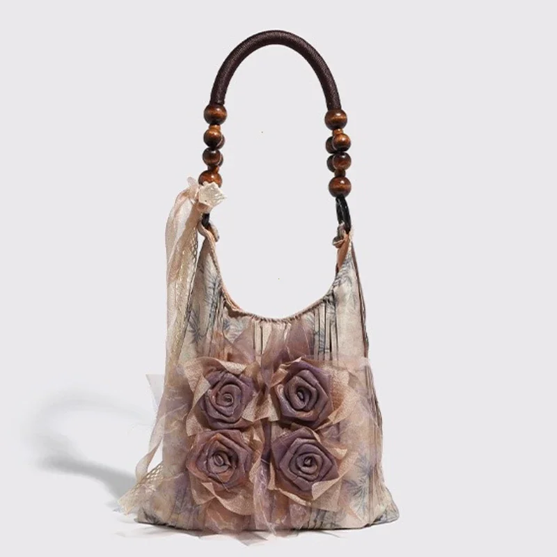 Chinese Style Rose Decor Shoulder Bags Fashion Commuter Tote Bags Classic Pleated Handbags High Quality Women Underarm Bags