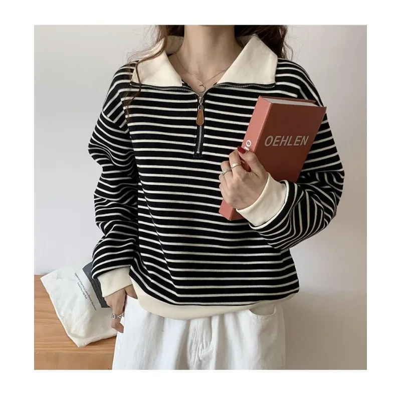 Felpa con colletto polo da donna 2025 Giacca corta autunnale piccola Top a maniche lunghe a righe Pullover Top Trendy - immagine 6