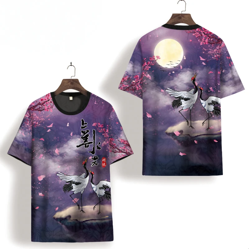 

National Tide Crane 3D Digital Printing Short Sleeved Tees Tops Summer New Quality Hollow Breathable Icy Cool T Shirt Men XS-7XL