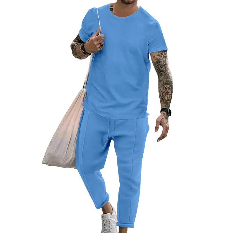 

Mens Suit Summer Two-piece Casual Fashion Short Sleeves Long Pants Mens Set