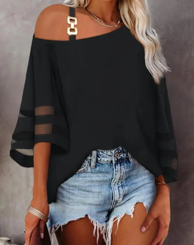 

Women Temperament Top 2024 Spring Summer Latest Contrast Mesh Cold Shoulder Bell Sleeves Blouses Casual Sheet Mesh Chain T-Shirt