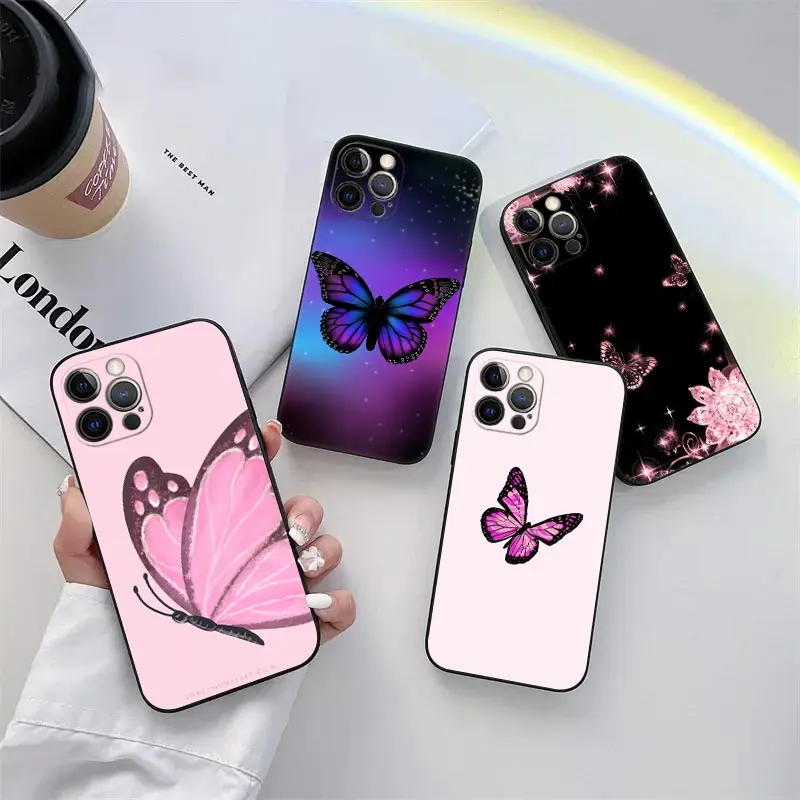 

Beauty Pink Butterfly Phone Case for iPhone 11 15 Pro Max Case Coque 14 Plus 13 Pro 12 Mini 11 X S XR 7 8 SE 2020 TPU Soft Cover