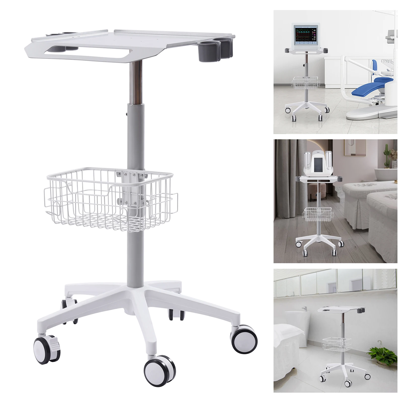 Rolling Desktop Lab Cart Mobile Trolley Medical Dental with Wheels Height Adjustable White
