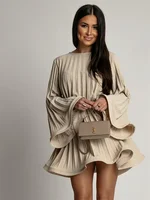 New Spring Summer Elegant Pleated Dress Women Fashion Solid Round Neck Flared Sleeve Lace-up Pleated Mini Dress Women