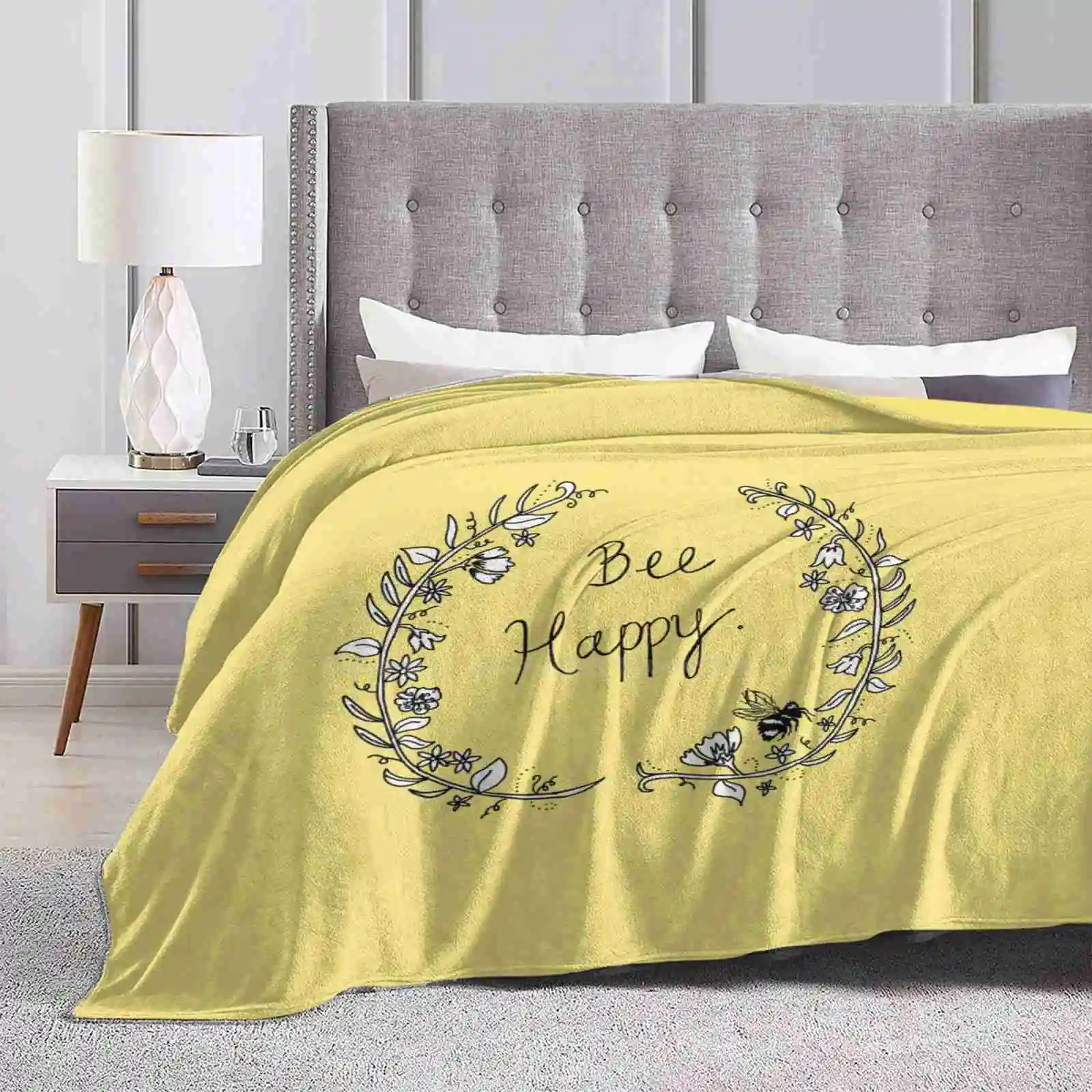 

Bee Happy Blanket Soft Warm Travel Portable Blanket Bees Bumble Bee Honey Flowers Floral Leaves Yellow Bee Lover Beekeeper