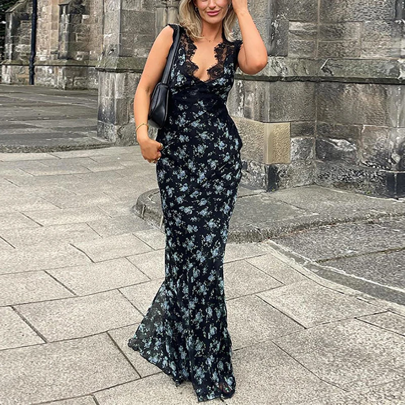 

Women High Waist Party Dress Slim Long Dress Sleeveless Floral Printed Lace Stitching V-Neck Dress Summer