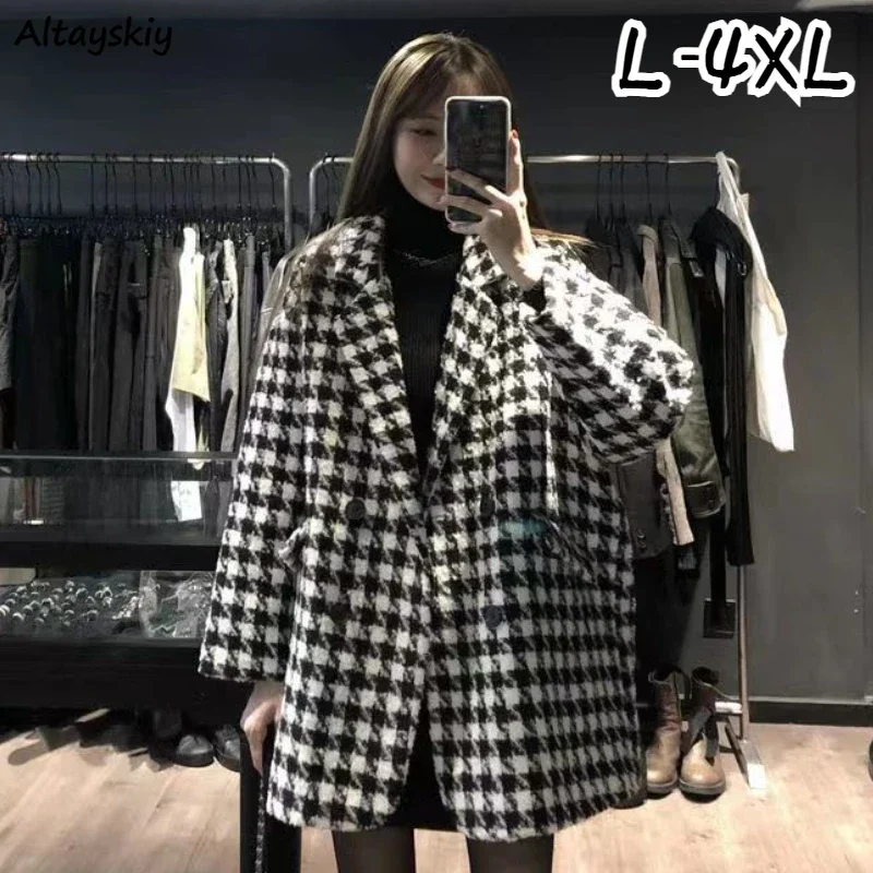 

Houndstooth Woolen Coats Blends Women Autumn Winter Loose Classic Temper Fashion Double-breasted Overcoats Vintage Aesthetics