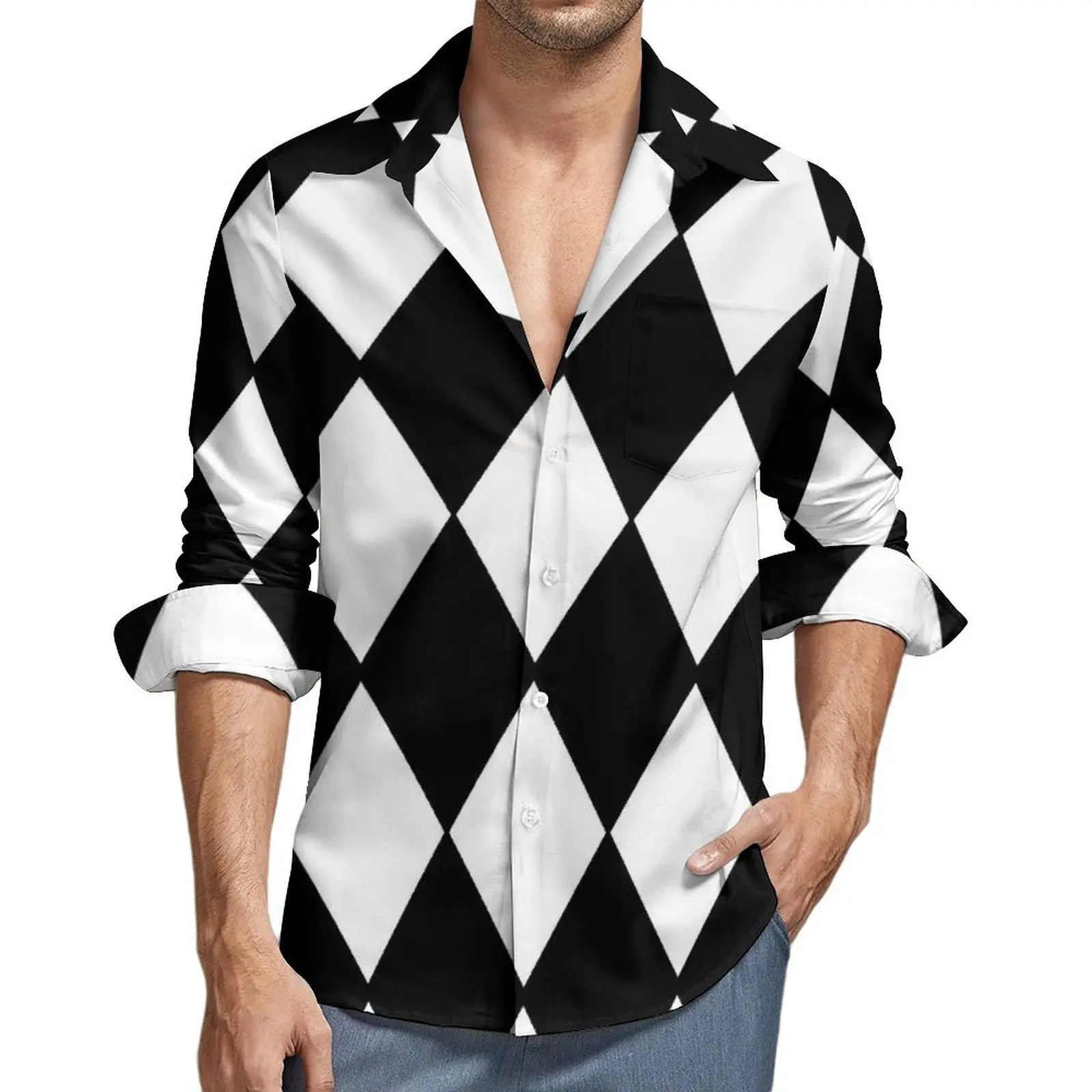 

Мужская рубашка с длинным рукавом, черно-белая Повседневная рубашка в клетку, в контрастном уличном стиле, весна 2019