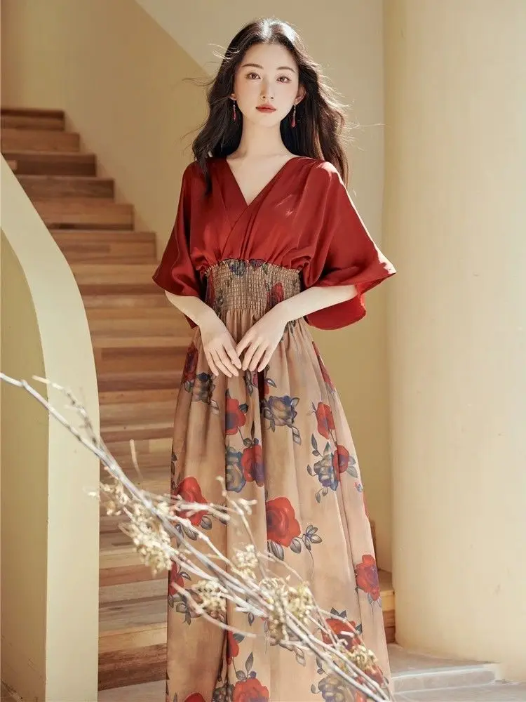 New Chinese Style Retro Ethnic Style Fake Two Red Dresses with a High-end Feel Niche Design Unique and Beautiful Long Skirt