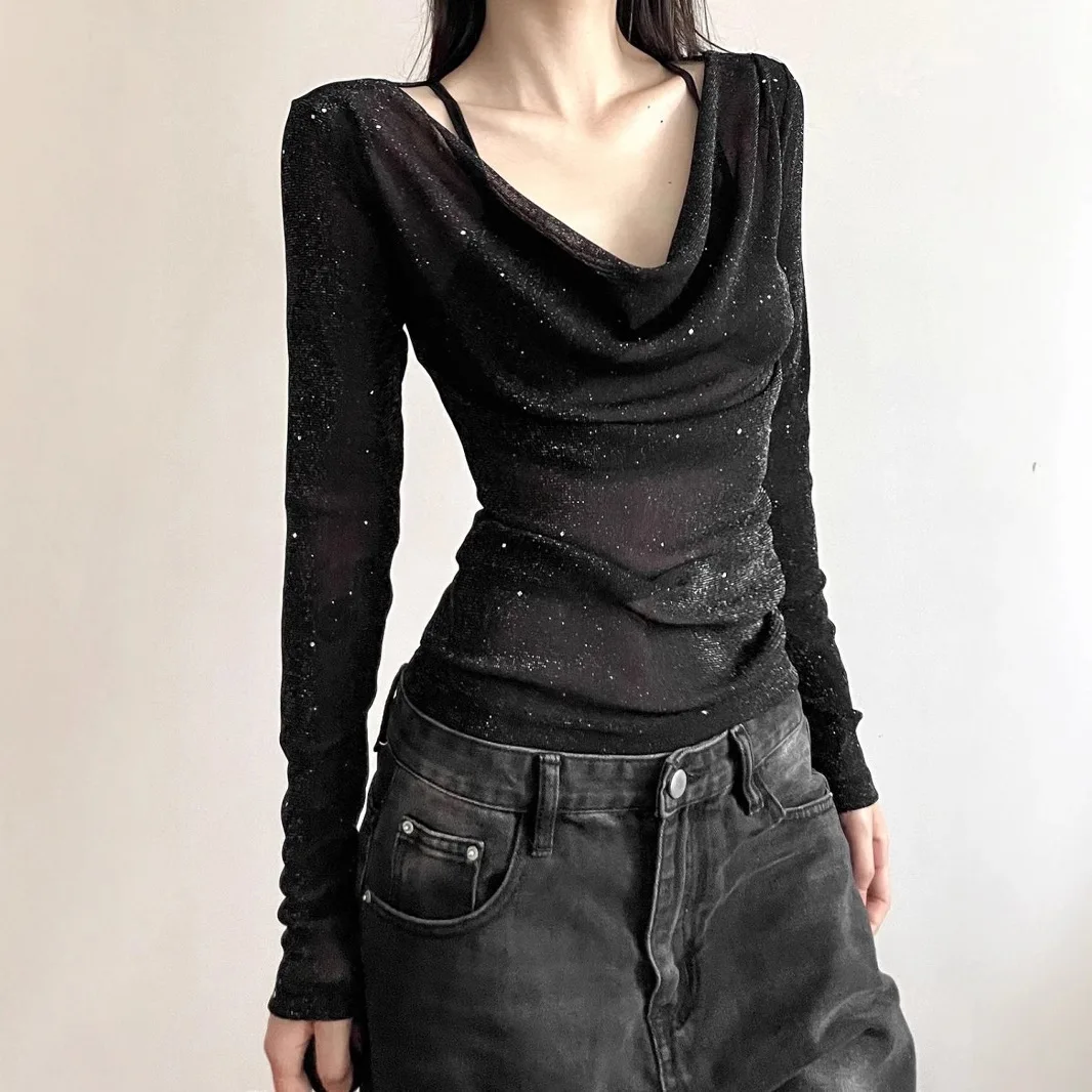 Black Sequined V Neck Loose T Shirt for Women