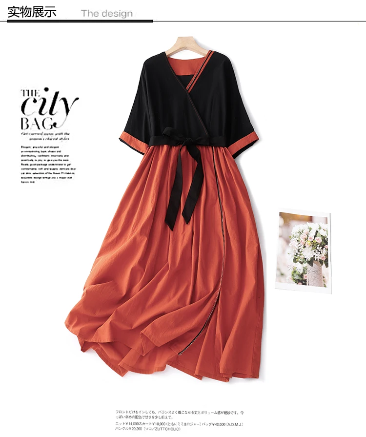 2024 New Arrival V-neck Patchwork Vintage Loose Summer Dress Bow Belt Slim Office Lady Work Dress Fashion Women Casual Dress