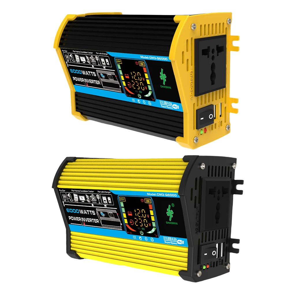 6000W 전력 변환기 DC 12V를 AC 110V 220V로 변환하는 듀얼 USB 차량용 전압 변환기 LCD 디스플레이 디지털 파워 인버터 (태블릿, RV용)